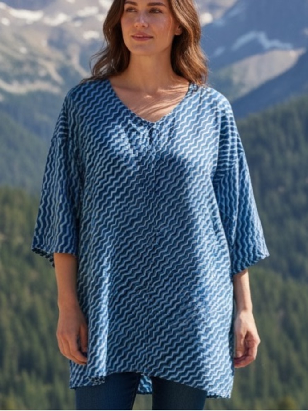 Gudrun Sjoden Blue Aqua Wave Lagenlook Button Down Elbow Sleeve Cotton Tunic